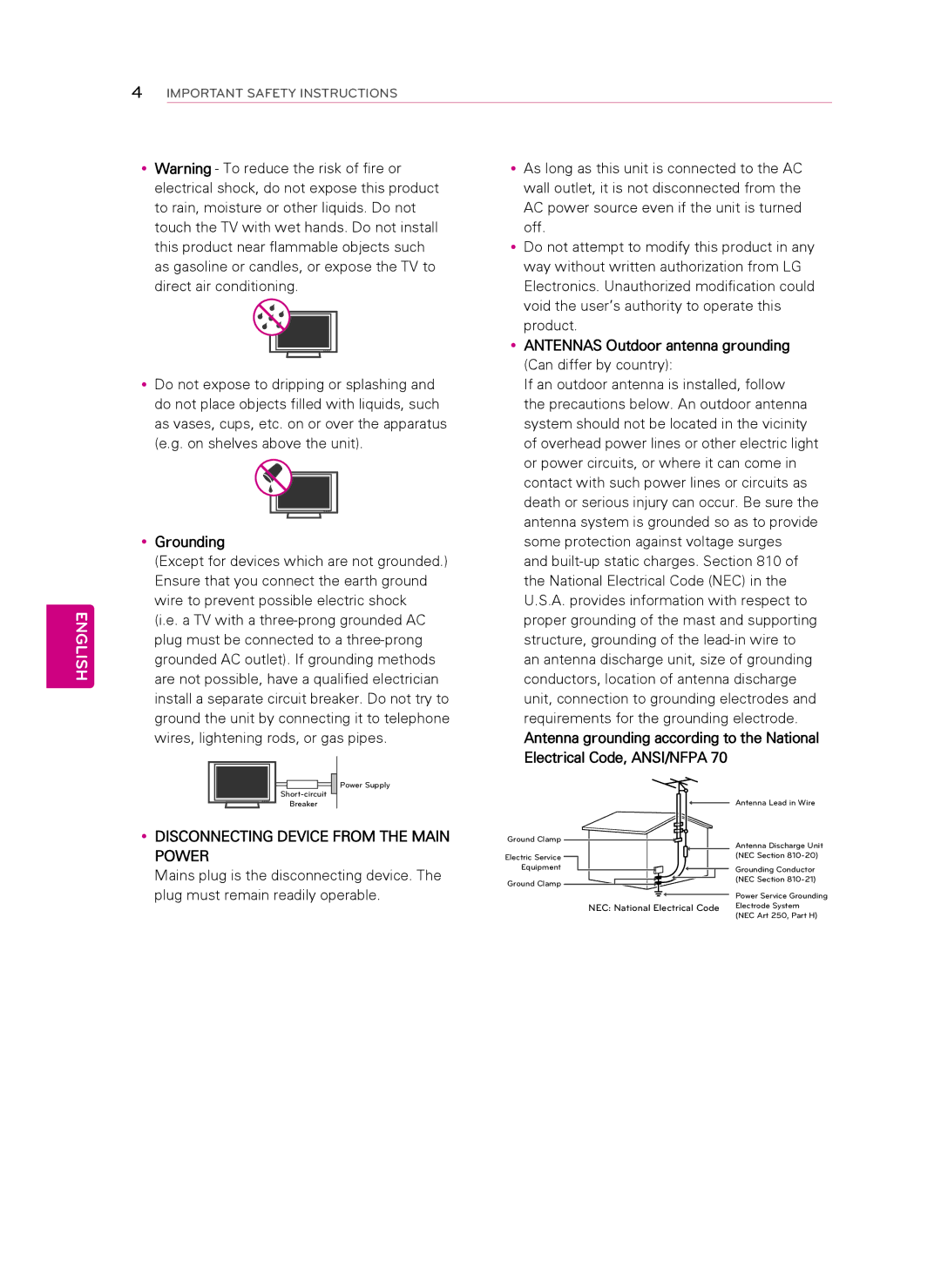 LG Electronics 42LS349C, 32LS349C owner manual YyGrounding, YyANTENNAS Outdoor antenna grounding Can differ by country 