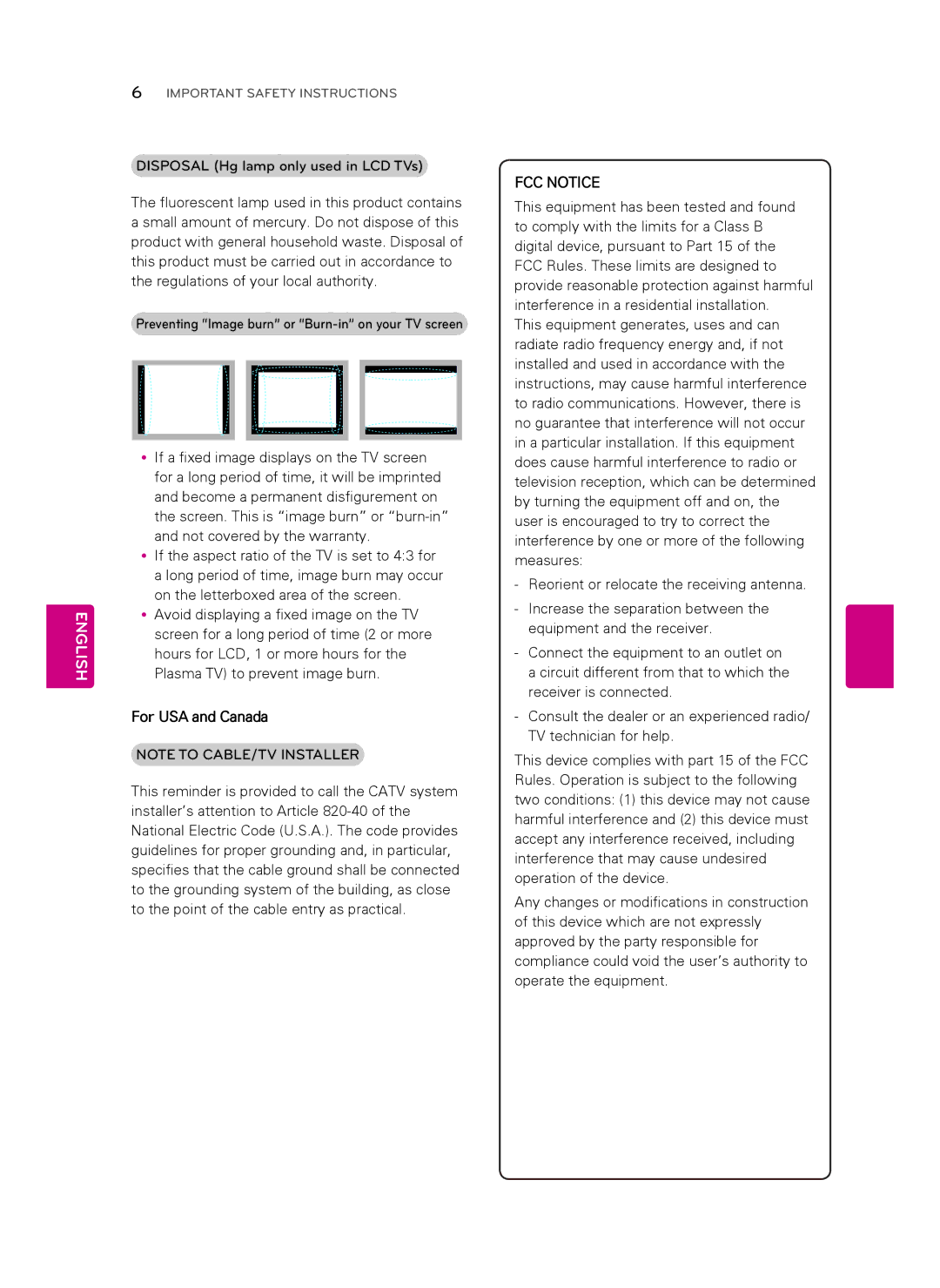 LG Electronics 42LS349C, 32LS349C owner manual Disposal Hg lamp only used in LCD TVs, For USA and Canada 