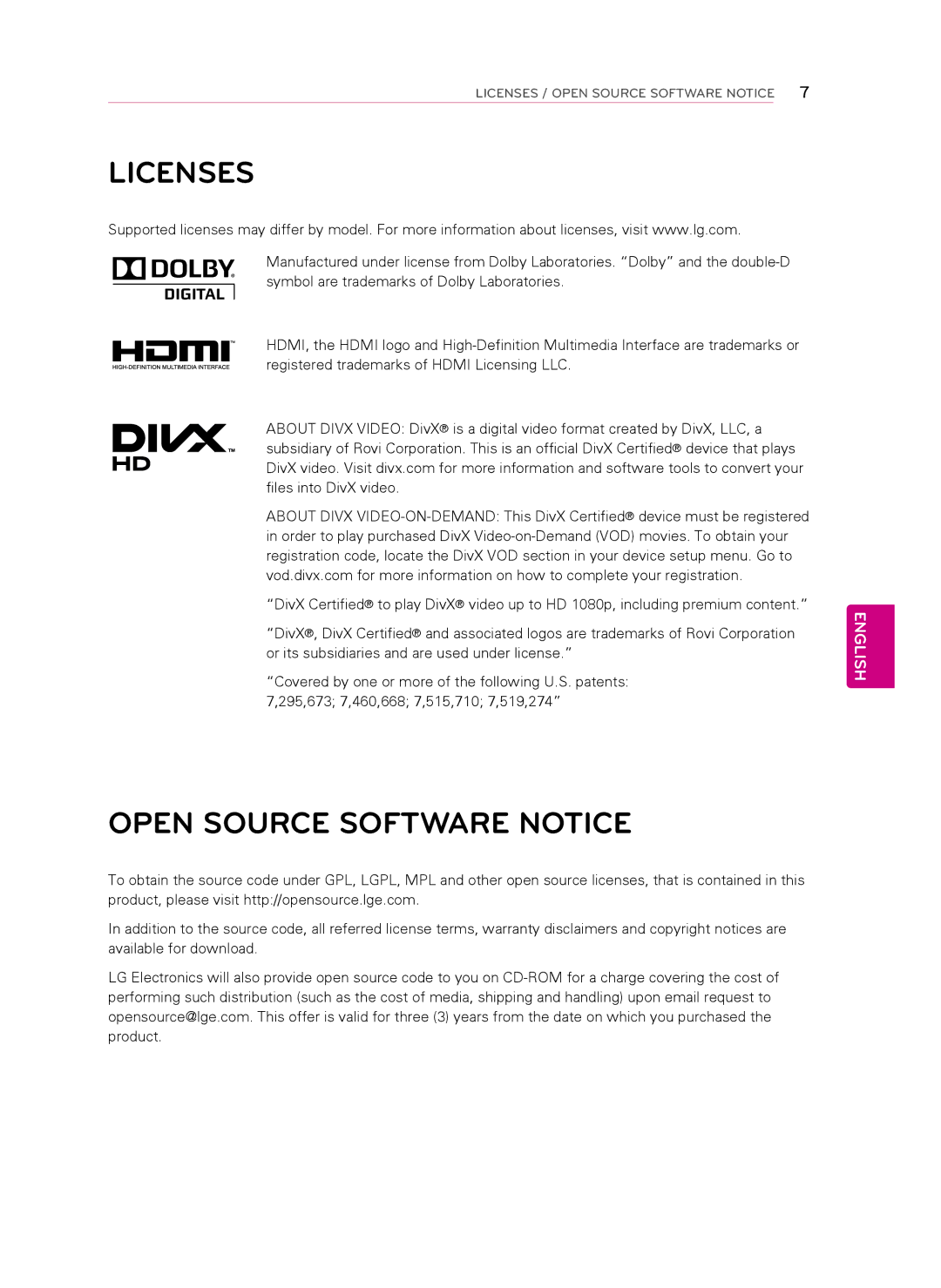 LG Electronics 32LS349C, 42LS349C owner manual Licenses, Open Source Software Notice 