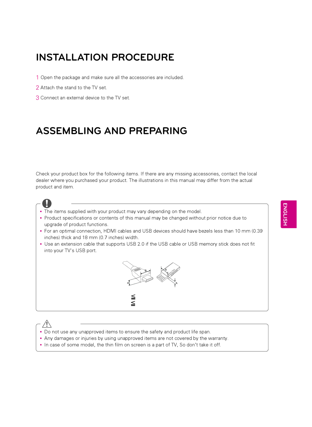 LG Electronics 32LS349C, 42LS349C owner manual Installation Procedure, Assembling and Preparing, Unpacking 