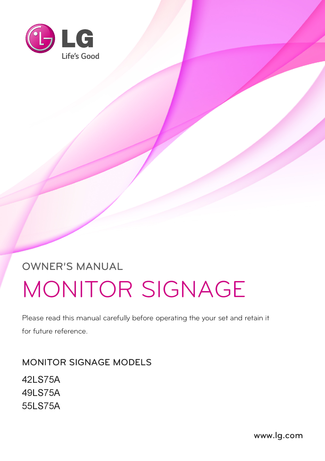 LG Electronics 42LS75A 49LS75A 55LS75A owner manual Monitor Signage 