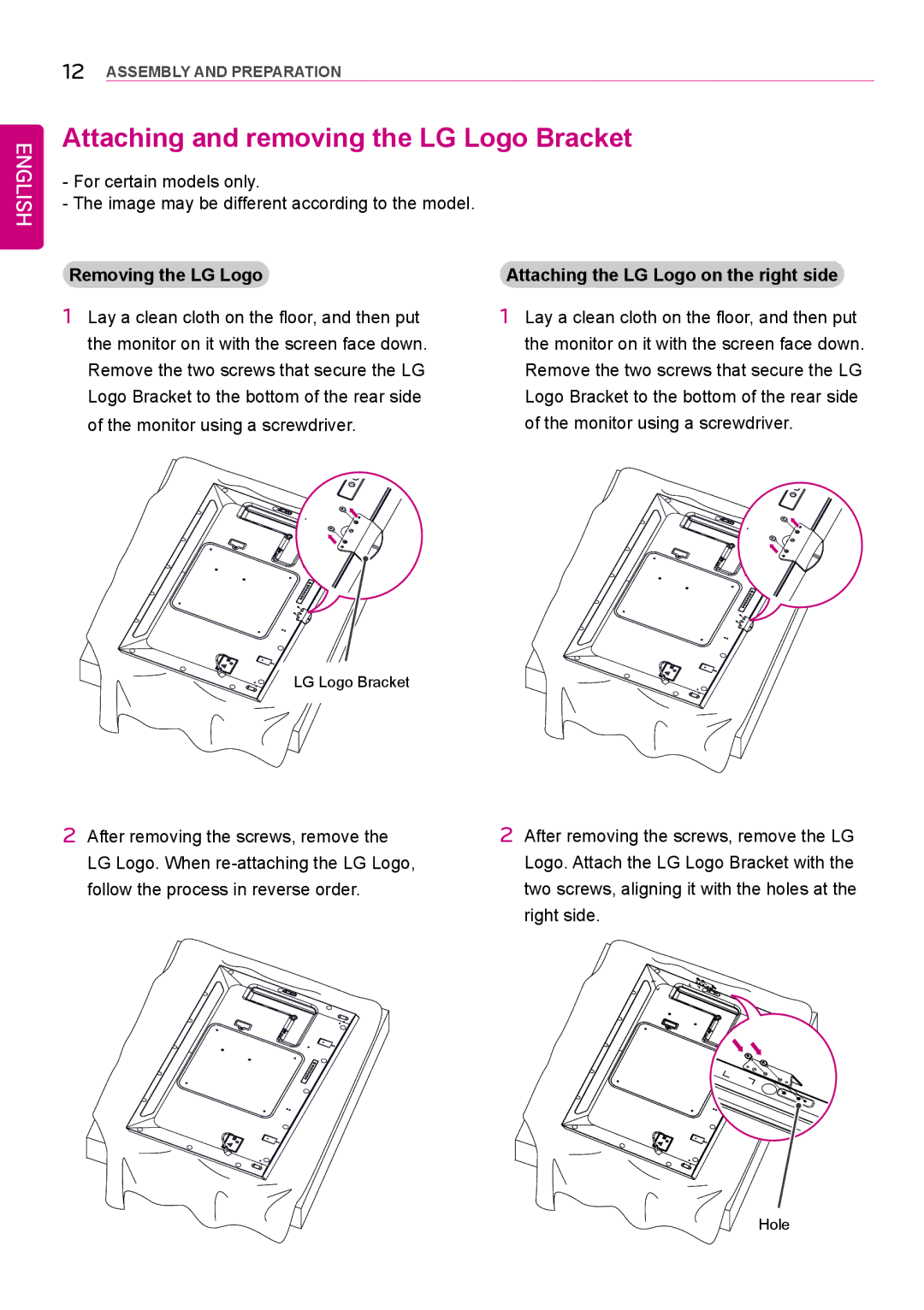 LG Electronics 42LS75A 49LS75A 55LS75A owner manual Attaching and removing the LG Logo Bracket, Removing the LG Logo 