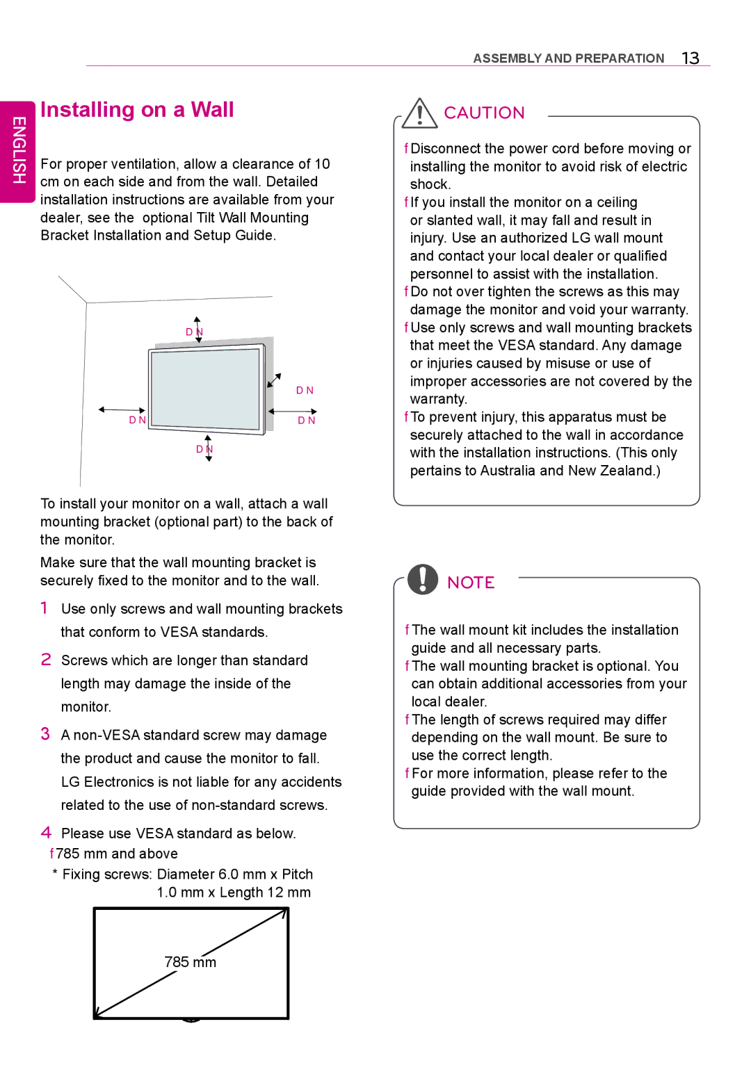 LG Electronics 42LS75A 49LS75A 55LS75A owner manual Installing on a Wall 