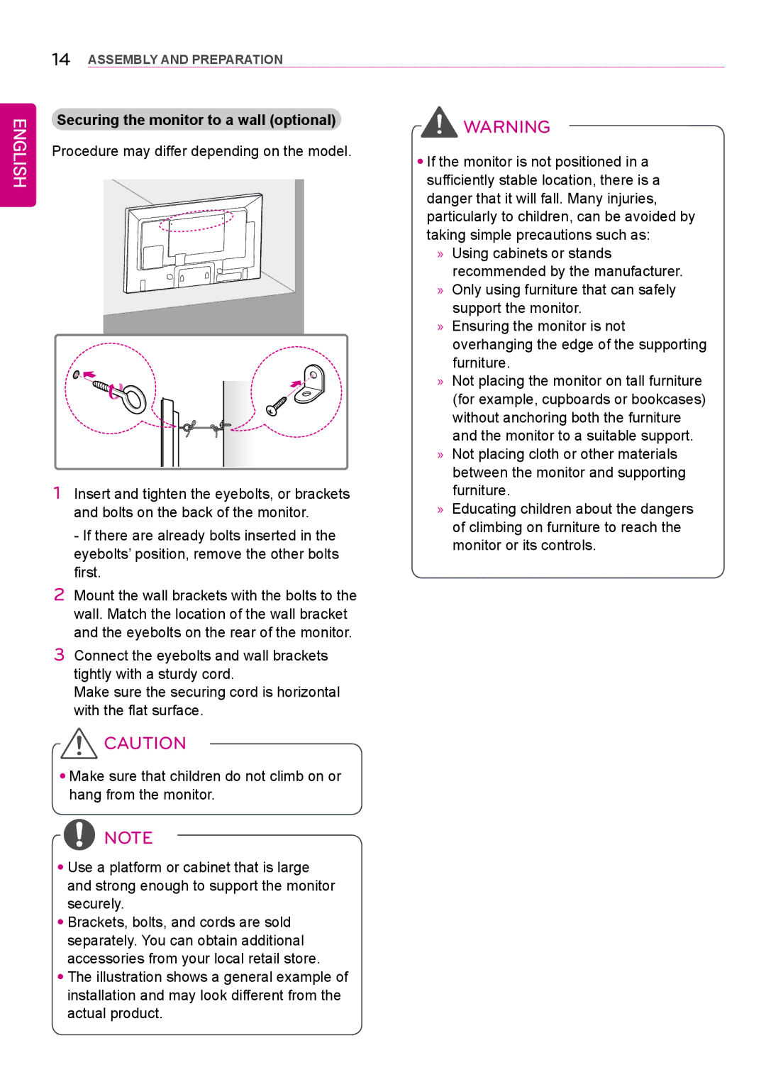 LG Electronics 42LS75A 49LS75A 55LS75A owner manual Securing the monitor to a wall optional 