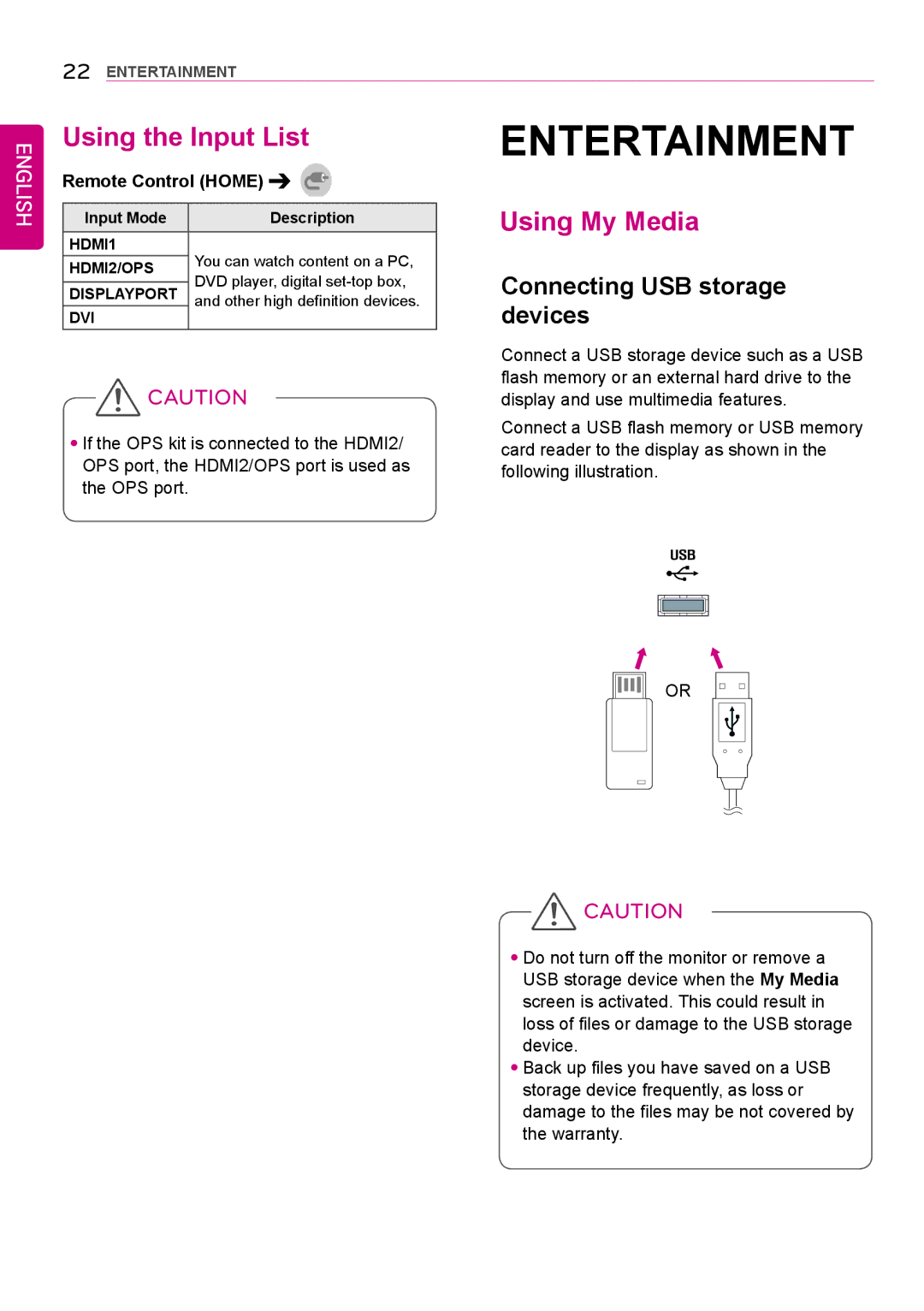 LG Electronics 42LS75A 49LS75A 55LS75A Entertainment, Using the Input List, Using My Media, Connecting USB storage devices 