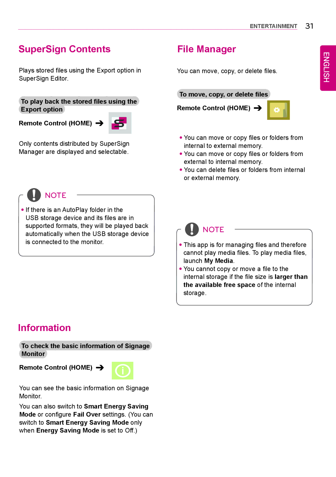 LG Electronics 42LS75A 49LS75A 55LS75A owner manual SuperSign Contents, File Manager, Information 