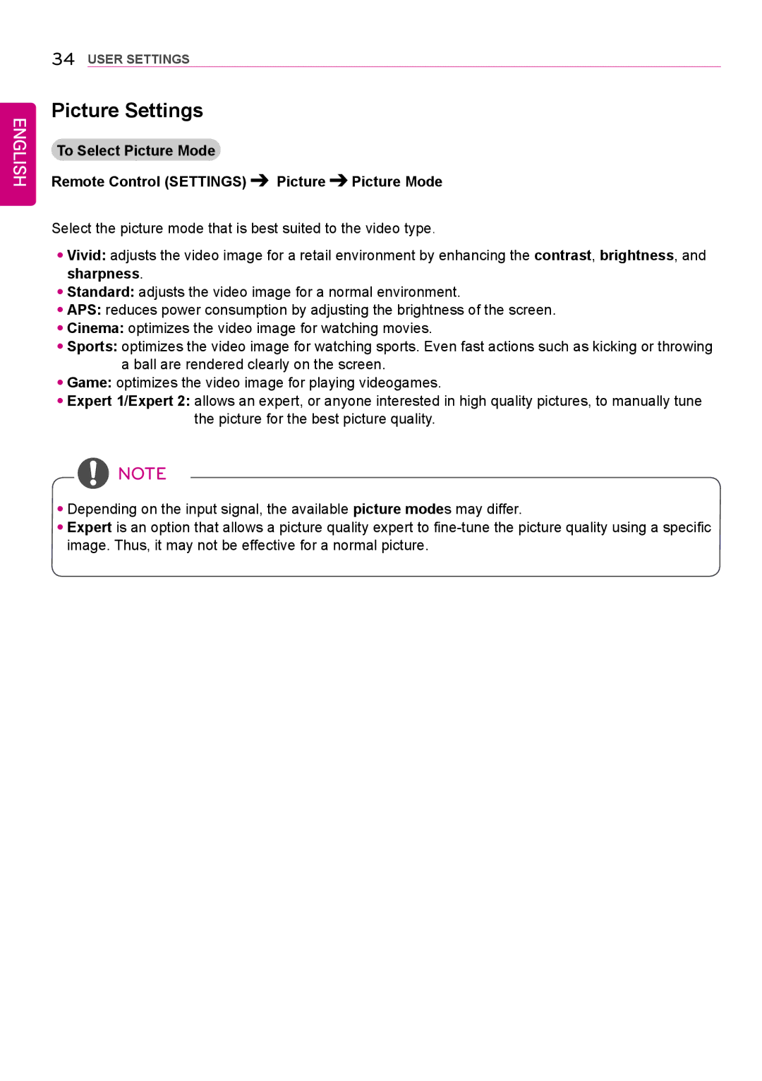 LG Electronics 42LS75A 49LS75A 55LS75A owner manual Picture Settings 