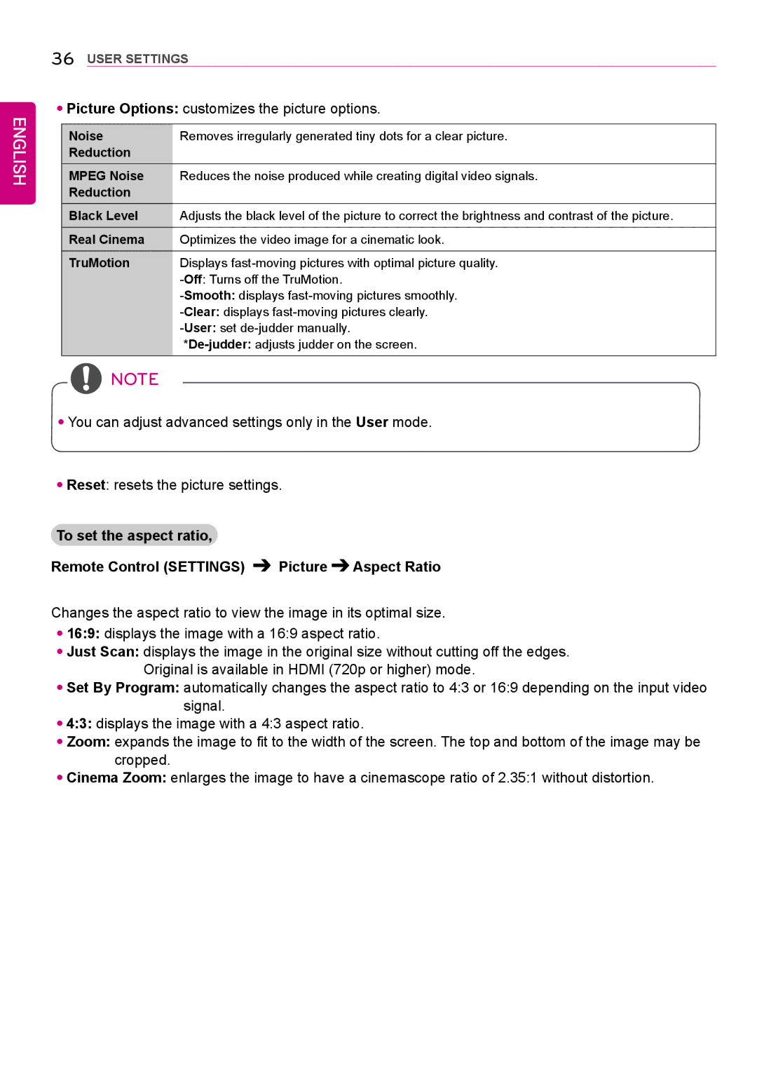 LG Electronics 42LS75A 49LS75A 55LS75A owner manual Reduction Mpeg Noise, Reduction Black Level, Real Cinema, TruMotion 