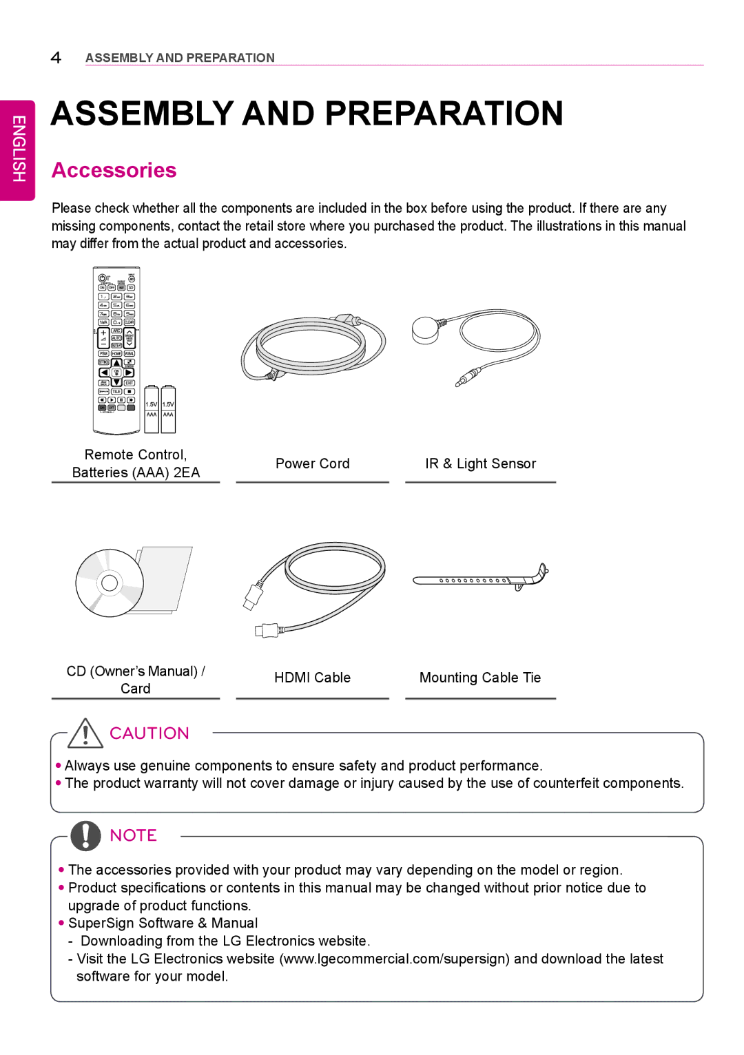 LG Electronics 42LS75A 49LS75A 55LS75A owner manual Assembly and Preparation, Accessories 