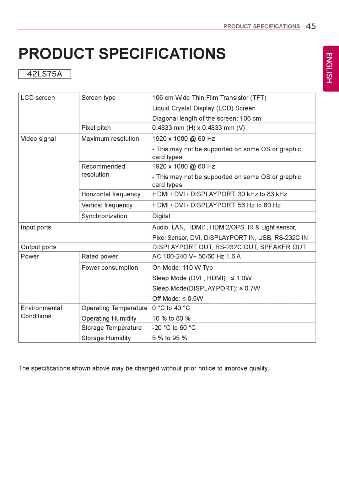 LG Electronics 42LS75A 49LS75A 55LS75A owner manual Product Specifications 