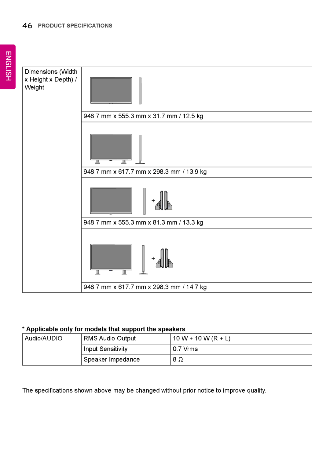 LG Electronics 42LS75A 49LS75A 55LS75A owner manual Applicable only for models that support the speakers 