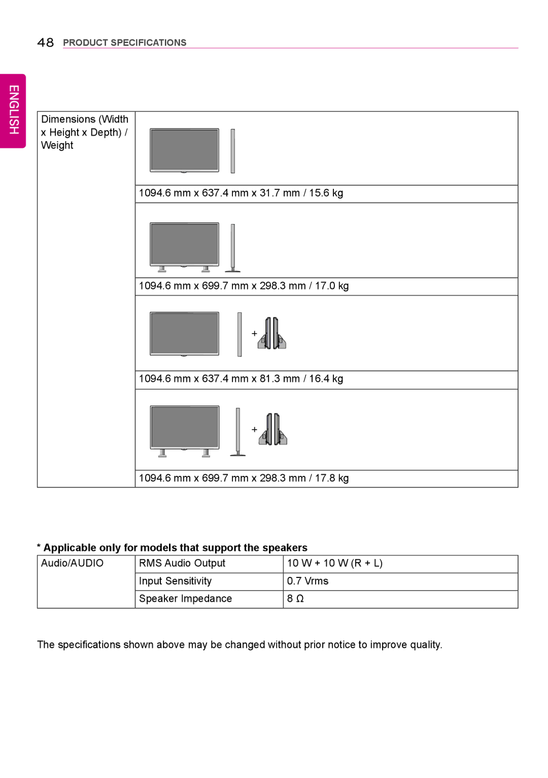 LG Electronics 42LS75A 49LS75A 55LS75A owner manual Mm x 637.4 mm x 31.7 mm / 15.6 kg 