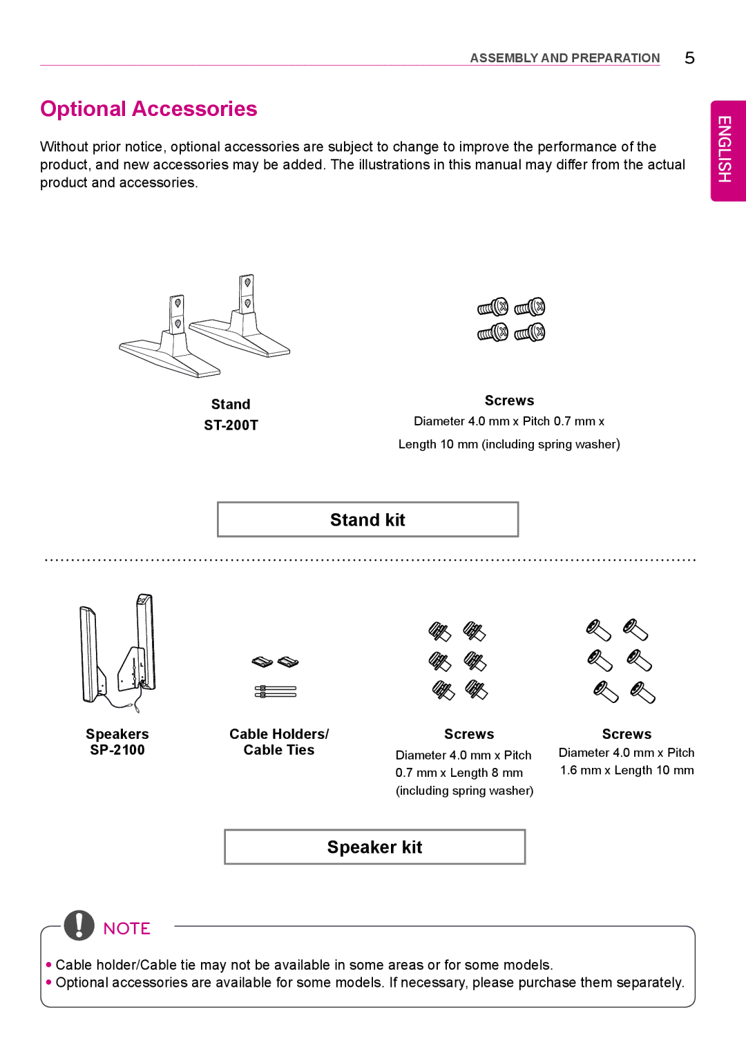 LG Electronics 42LS75A 49LS75A 55LS75A owner manual Optional Accessories, Screws, SP-2100 