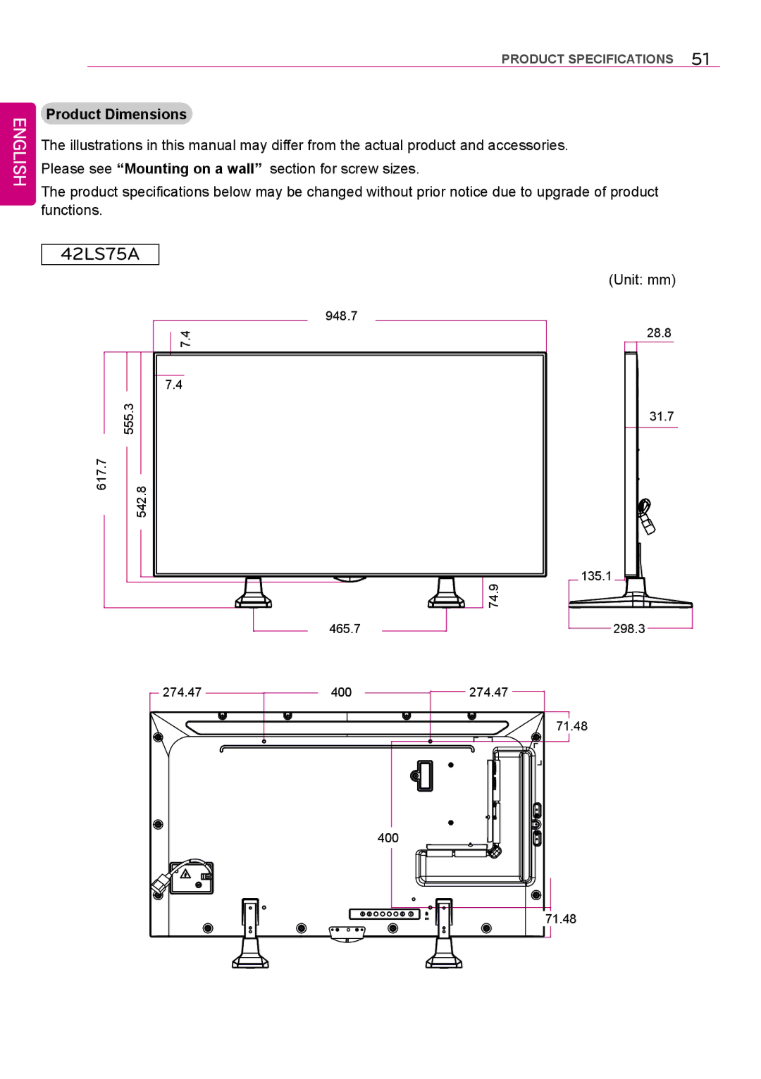 LG Electronics 42LS75A 49LS75A 55LS75A owner manual 135.1, Product Dimensions 