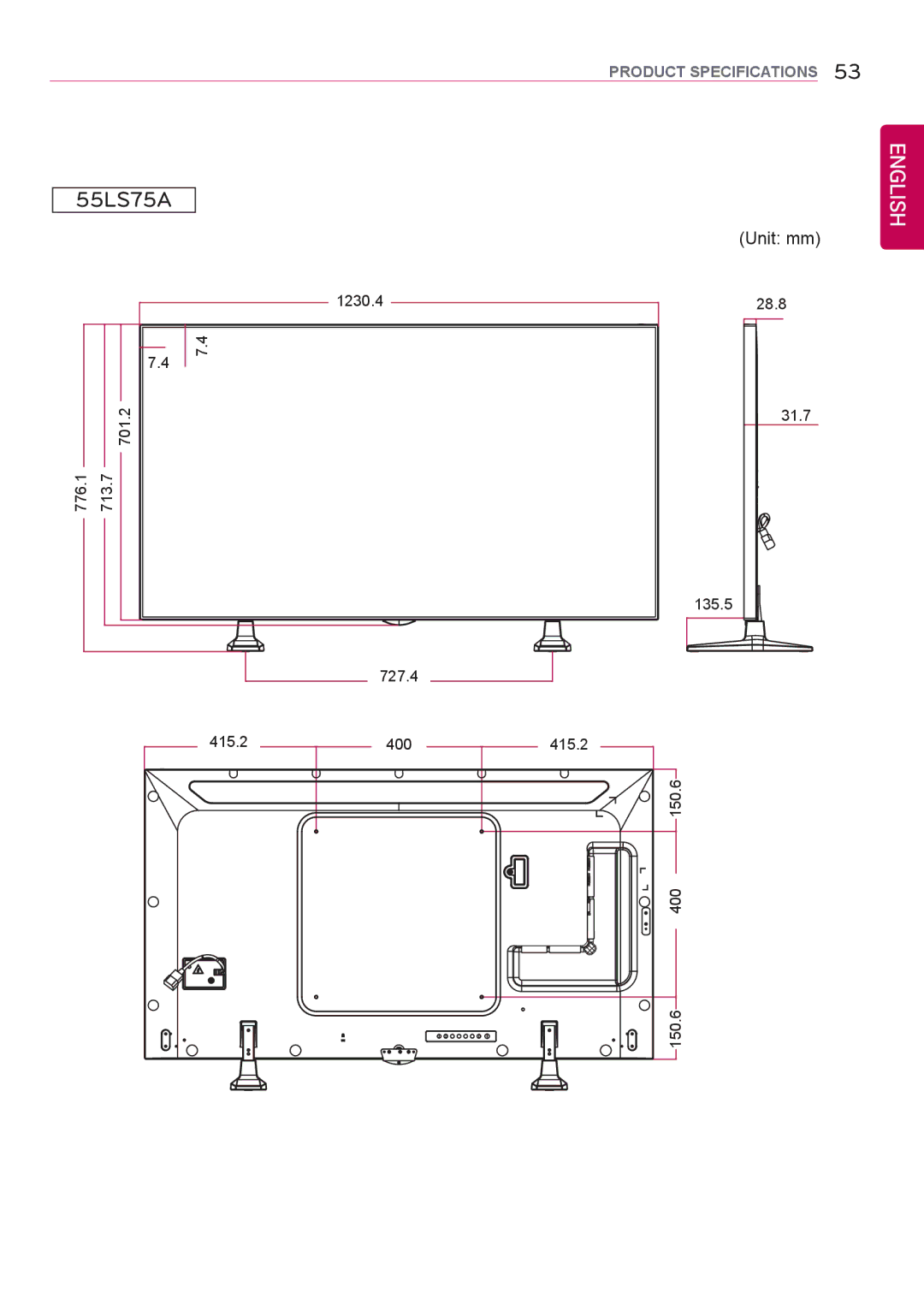 LG Electronics 42LS75A 49LS75A 55LS75A owner manual 1230.4 28.8 31.7 701 776 713 135.5 727.4 415.2 400 150 150.6 