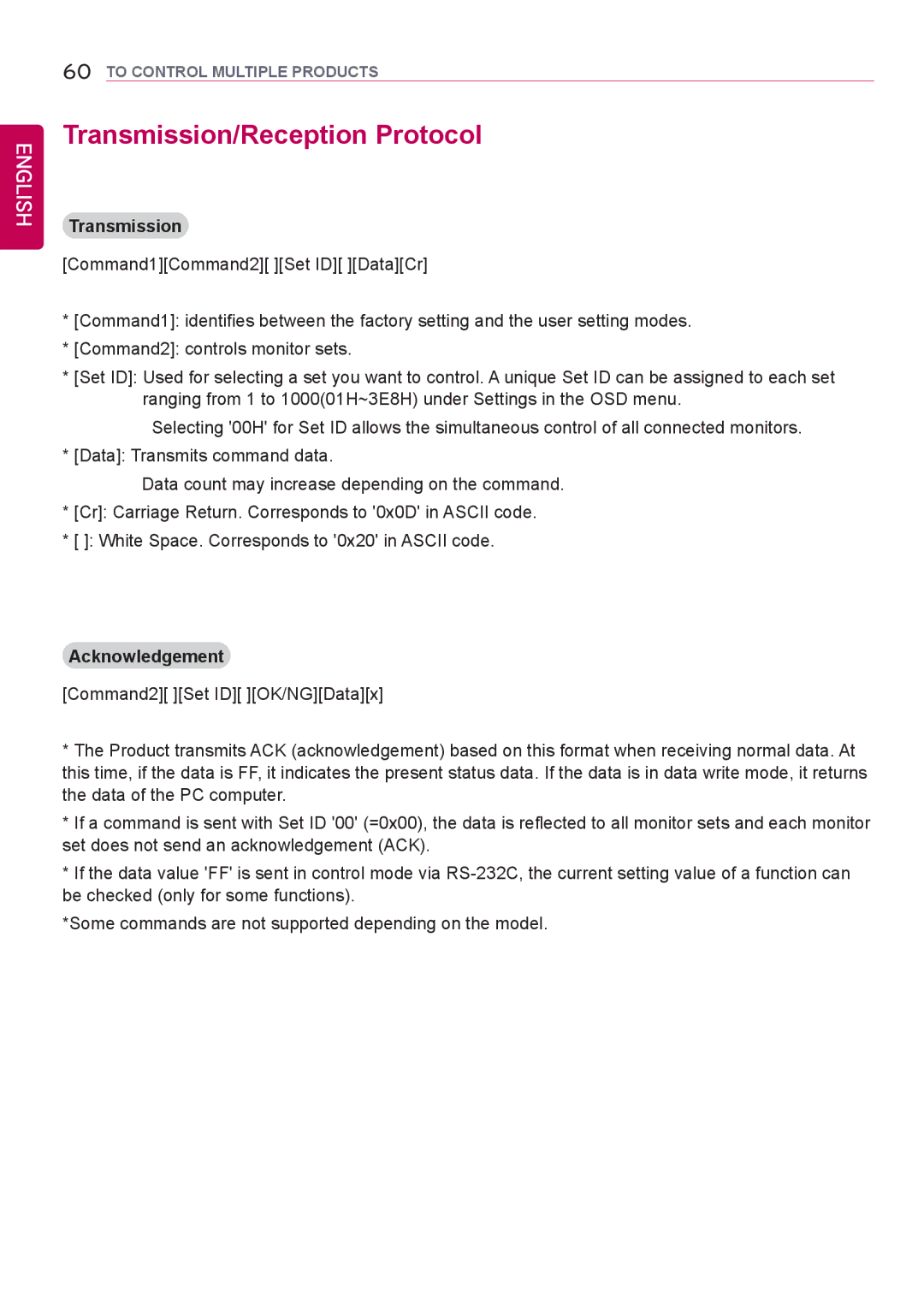 LG Electronics 42LS75A 49LS75A 55LS75A owner manual Transmission/Reception Protocol, Acknowledgement 