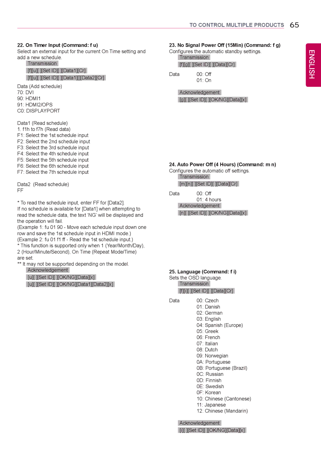 LG Electronics 42LS75A 49LS75A 55LS75A owner manual On Timer Input Command f u, Auto Power Off 4 Hours Command m n 