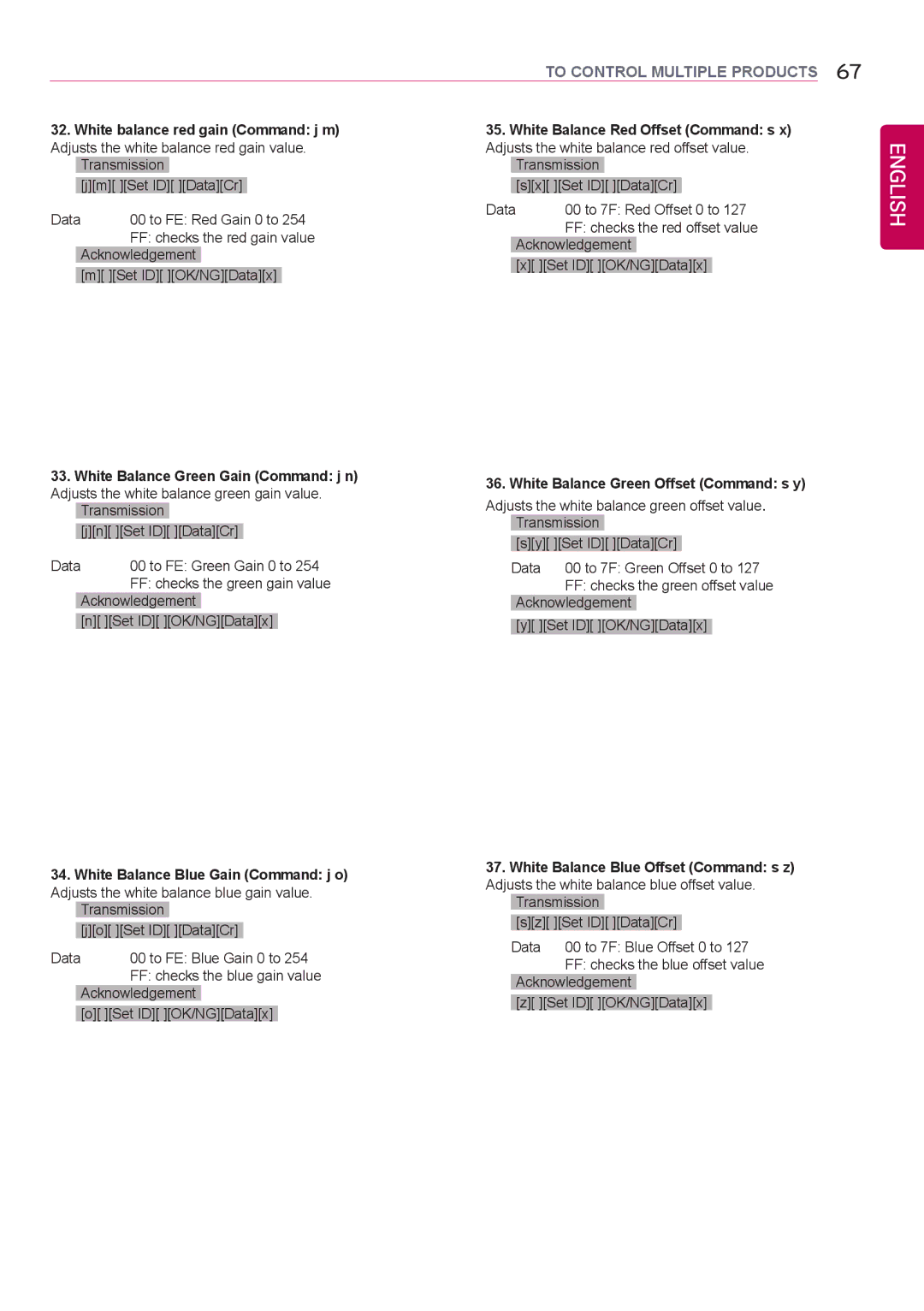 LG Electronics 42LS75A 49LS75A 55LS75A White balance red gain Command j m, White Balance Green Gain Command j n 