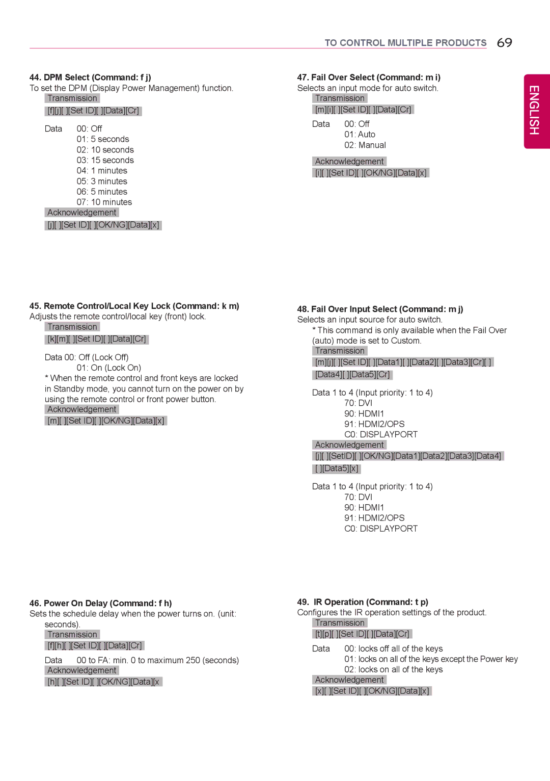 LG Electronics 42LS75A 49LS75A 55LS75A DPM Select Command f j, Power On Delay Command f h, IR Operation Command t p 