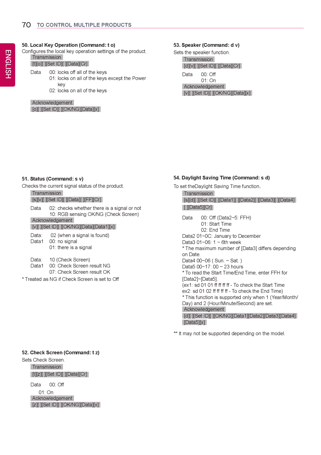 LG Electronics 42LS75A 49LS75A 55LS75A Local Key Operation Command t o, Status Command s, Daylight Saving Time Command s d 