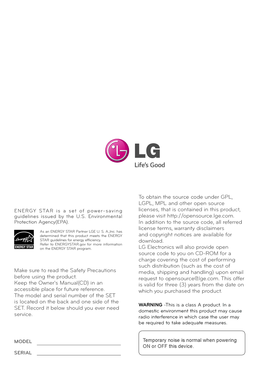 LG Electronics 42LS75A 49LS75A 55LS75A owner manual Copyright notices are available for download 