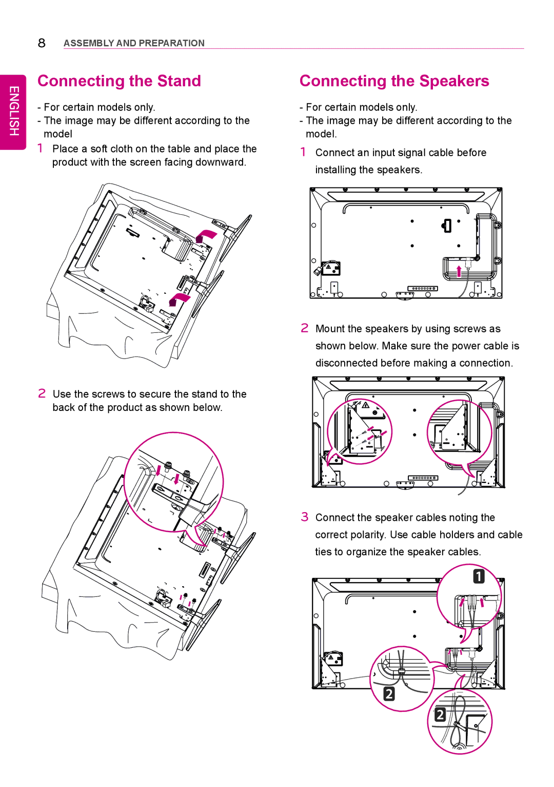 LG Electronics 42LS75A 49LS75A 55LS75A owner manual Connecting the Stand, Connecting the Speakers 