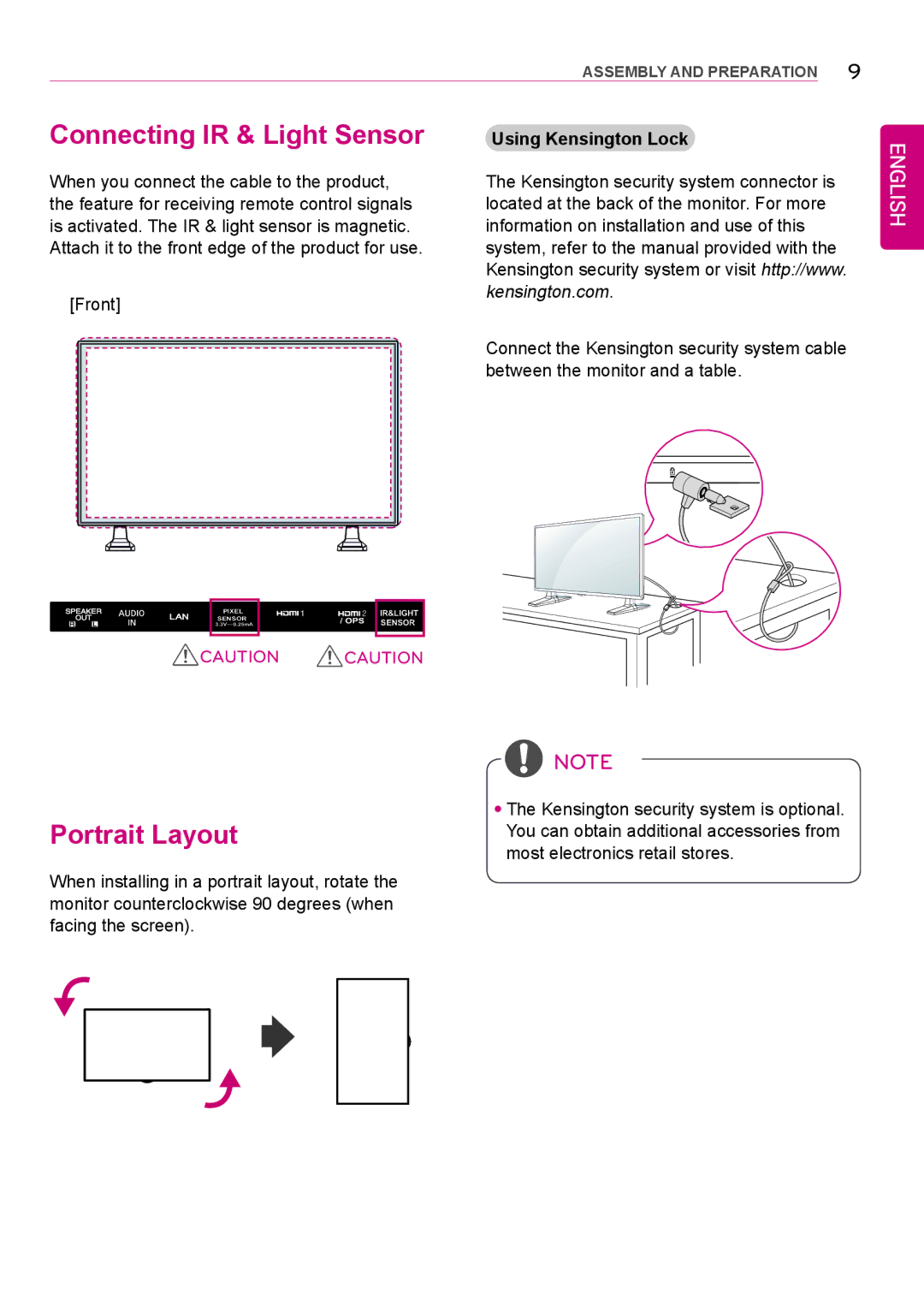 LG Electronics 42LS75A 49LS75A 55LS75A owner manual Connecting IR & Light Sensor, Portrait Layout, Using Kensington Lock 