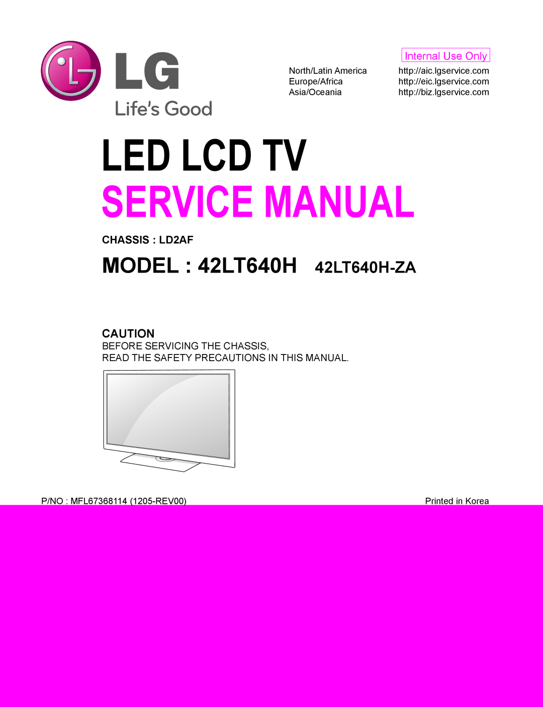 LG Electronics service manual MODEL 42LT640H 42LT640H-ZA, CHASSIS LD2AF, Before Servicing The Chassis, Europe/Africa 