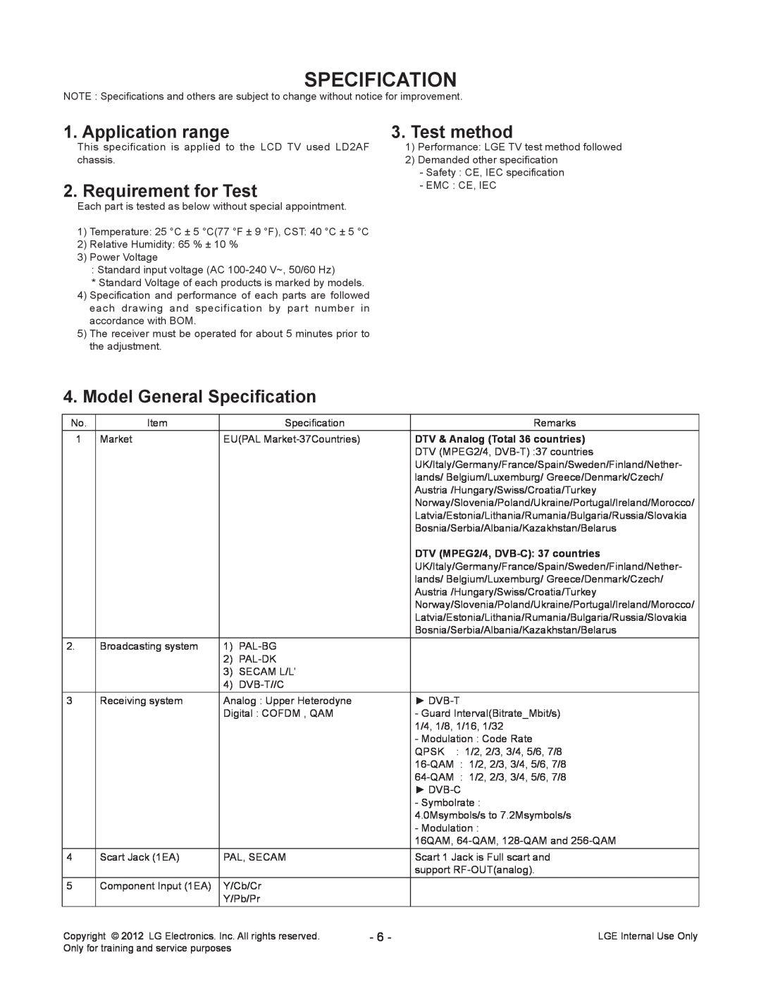 LG Electronics 42LT640H-ZA service manual Specification, Application range, Test method, Requirement for Test 