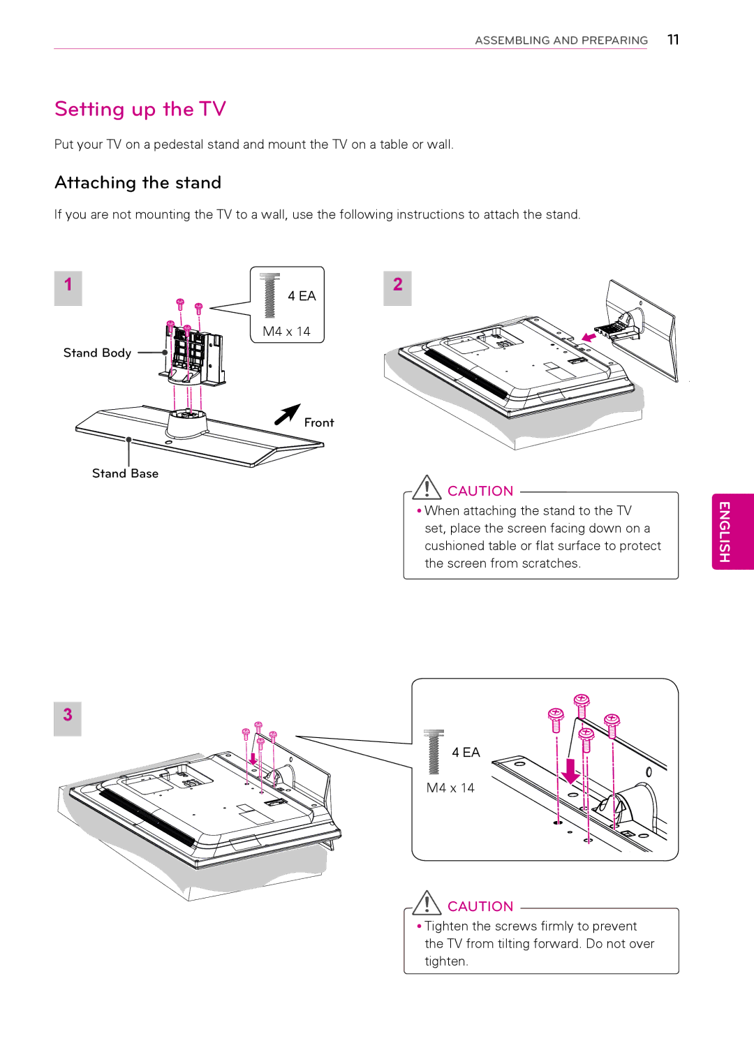 LG Electronics 26LT670H, 42LT670H, 37LT670H, 32LT670H manual Setting up the TV, Attaching the stand 