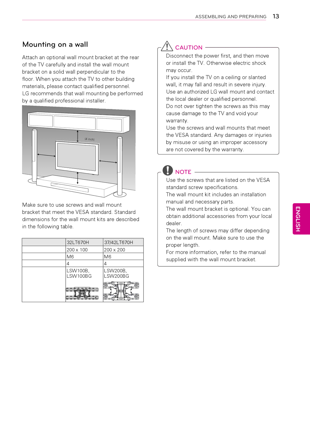 LG Electronics 37LT670H, 42LT670H, 32LT670H, 26LT670H manual Mounting on a wall, Vesa 