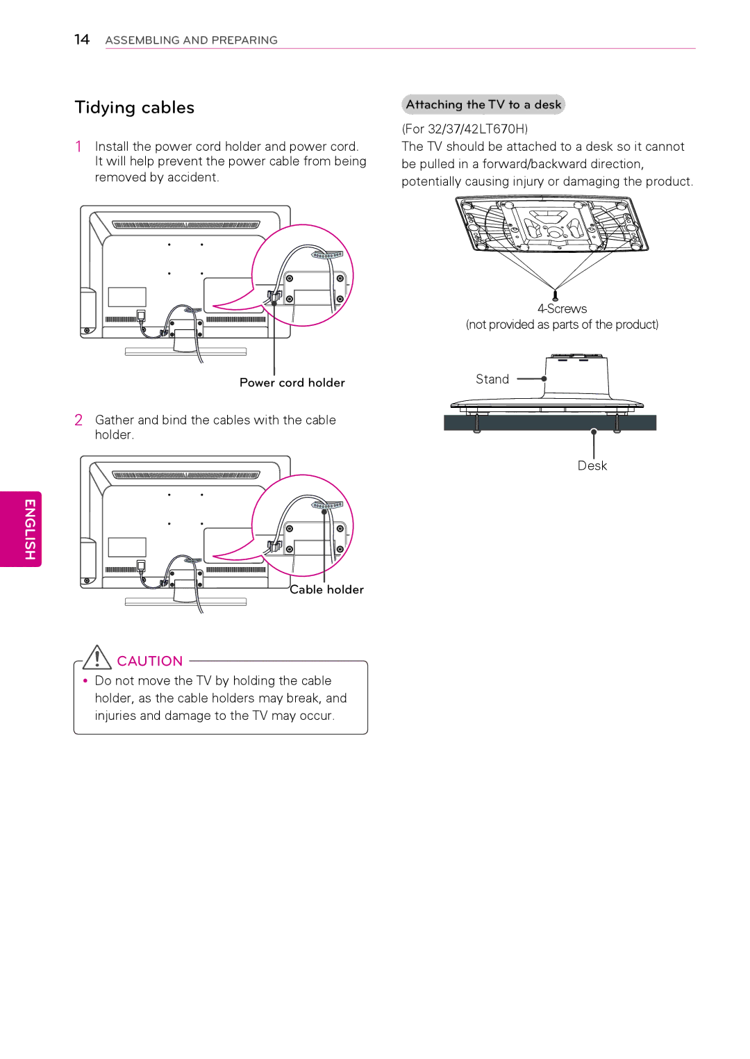 LG Electronics 32LT670H, 42LT670H, 37LT670H, 26LT670H manual Tidying cables, Cable holder 