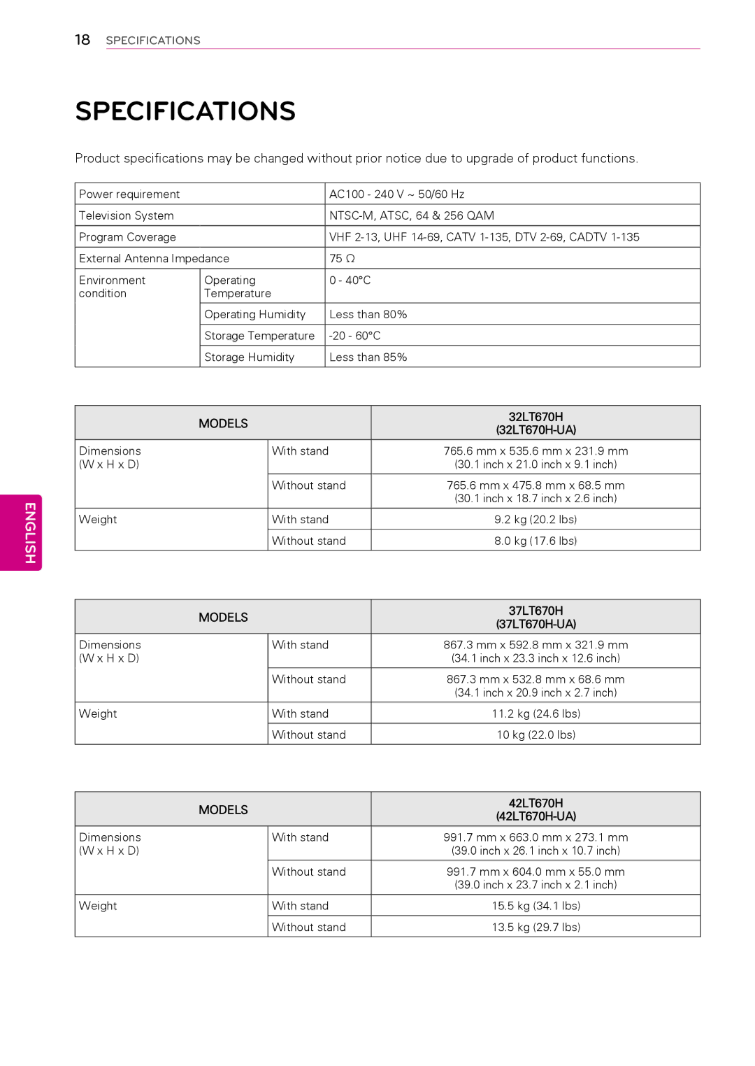 LG Electronics 32LT670H, 42LT670H, 37LT670H, 26LT670H manual Specifications, Models 