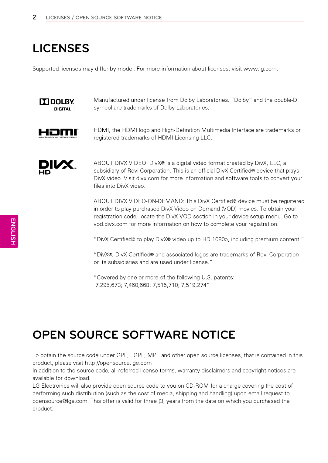 LG Electronics 32LT670H, 42LT670H, 37LT670H, 26LT670H manual Licenses, Open Source Software Notice 