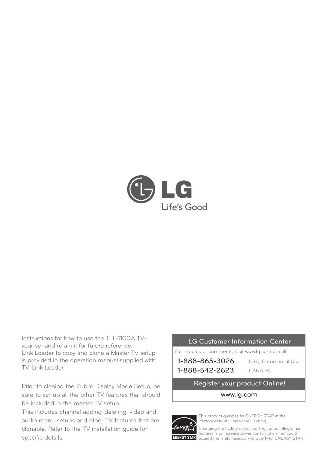 LG Electronics 42LT670H, 37LT670H, 32LT670H, 26LT670H manual LG Customer Information Center 