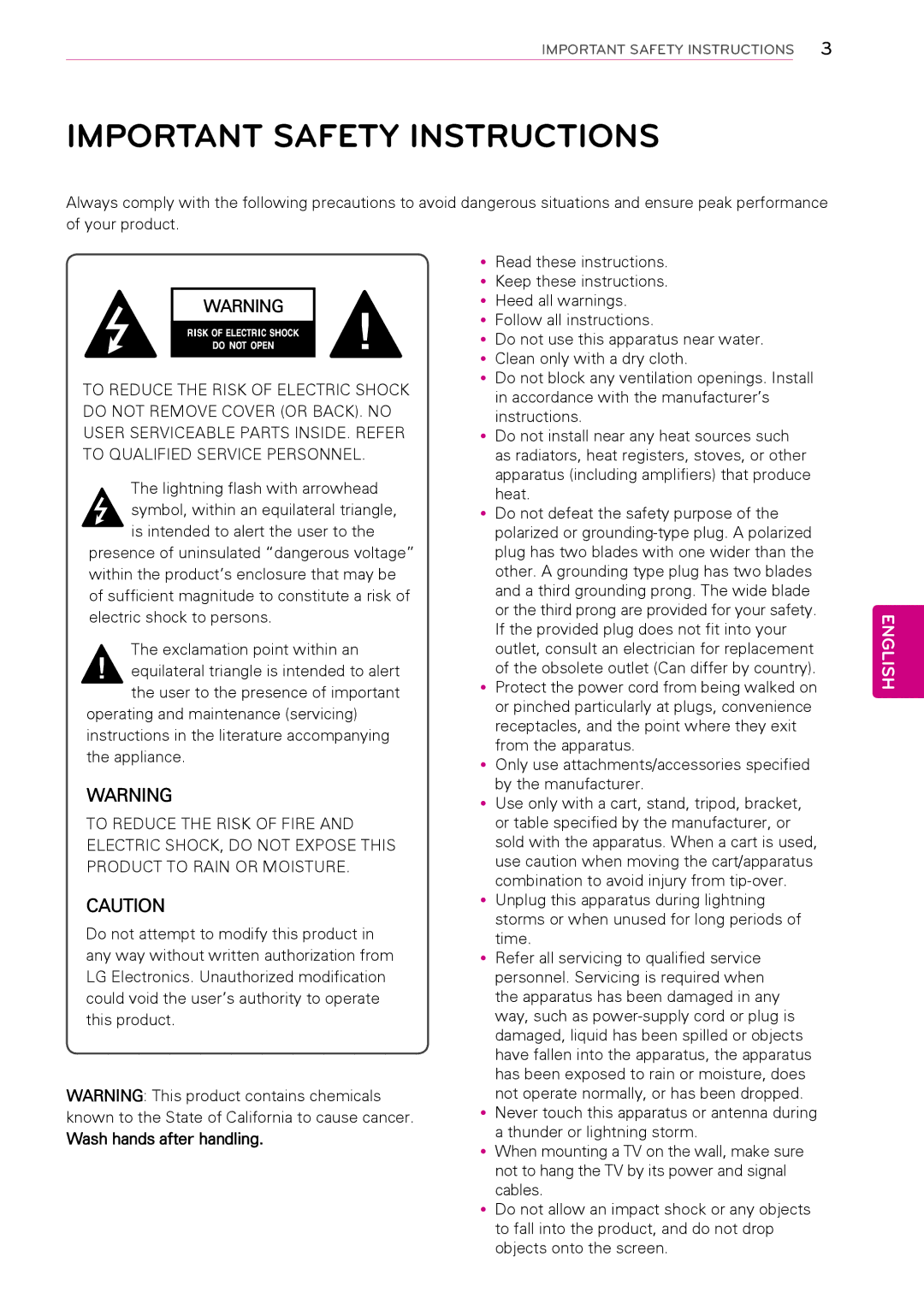 LG Electronics 26LT670H, 42LT670H, 37LT670H, 32LT670H manual Important Safety Instructions, Wash hands after handling 