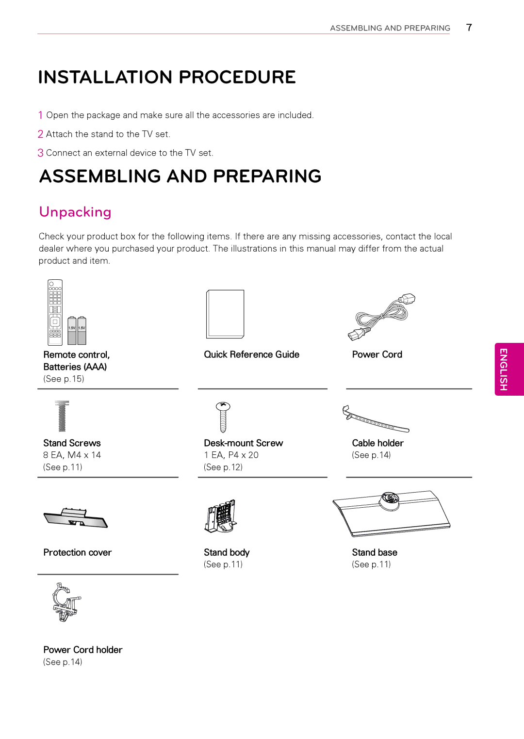 LG Electronics 26LT670H, 42LT670H, 37LT670H, 32LT670H manual Installation Procedure, Assembling and Preparing, Unpacking 