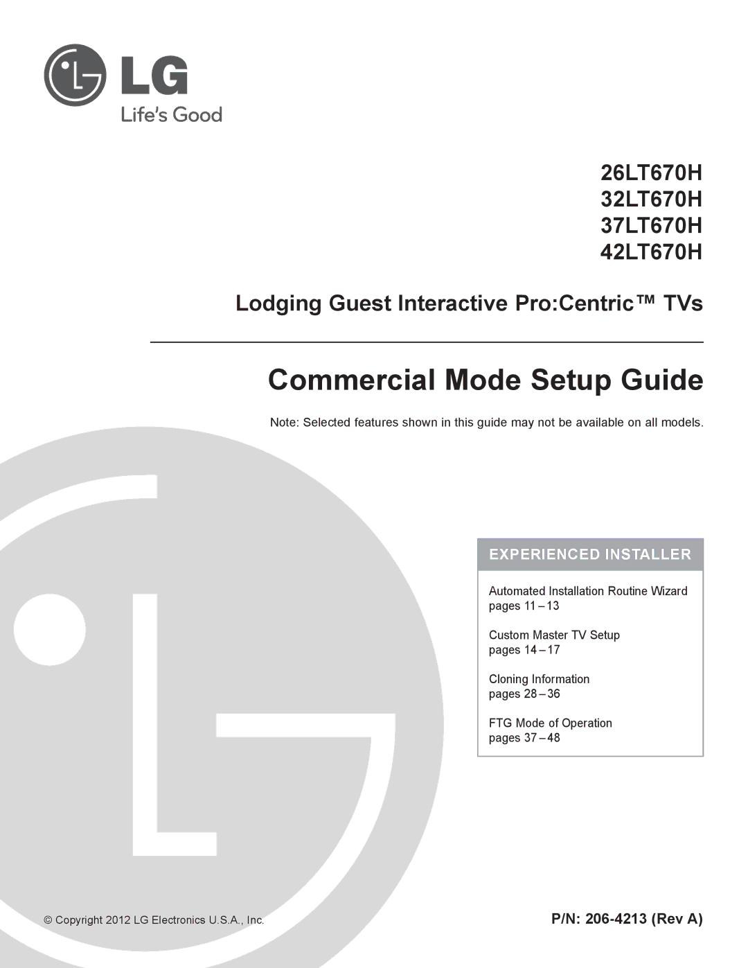 LG Electronics 37LT670H, 42LT670H, 32LT670H, 26LT670H setup guide Rev a, Copyright 2012 LG Electronics U.S.A., Inc 