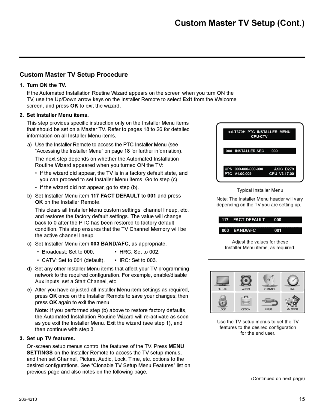 LG Electronics 26LT670H Custom Master TV Setup Procedure, Turn on the TV, Set Installer Menu items, Set up TV features 