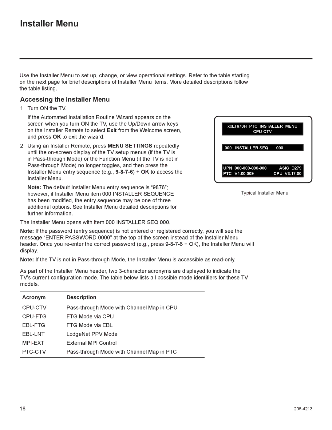 LG Electronics 32LT670H, 42LT670H, 37LT670H, 26LT670H setup guide Accessing the Installer Menu, Acronym Description 