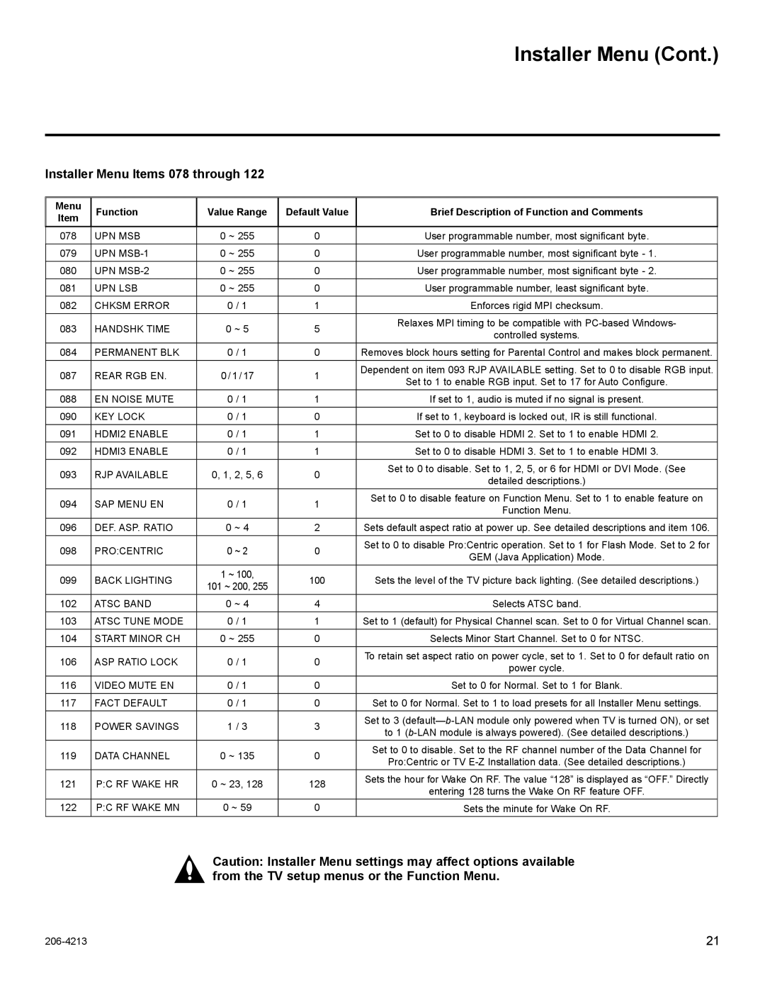 LG Electronics 37LT670H, 42LT670H, 32LT670H, 26LT670H setup guide Installer Menu Items 078 through, Rear RGB EN 