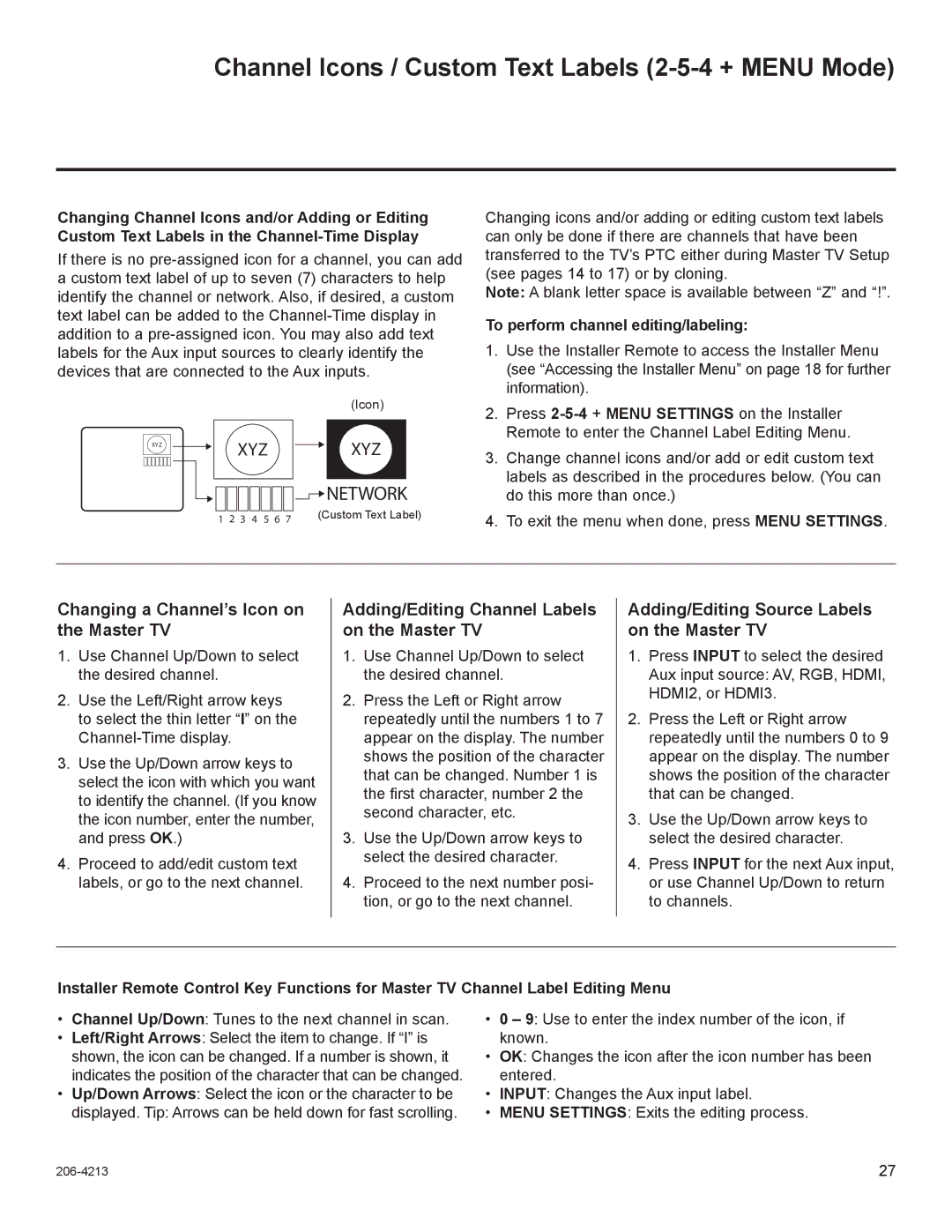 LG Electronics 26LT670H Channel Icons / Custom Text Labels 2-5-4 + Menu Mode, To perform channel editing/labeling 