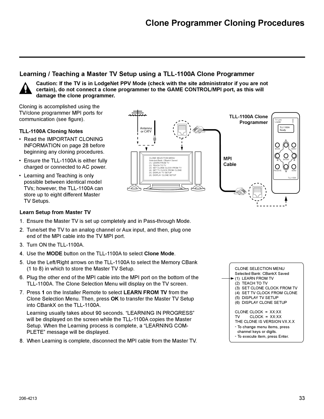 LG Electronics 37LT670H Clone Programmer Cloning Procedures, TLL-1100A Cloning Notes, TLL-1100A Clone Programmer, Mpi 