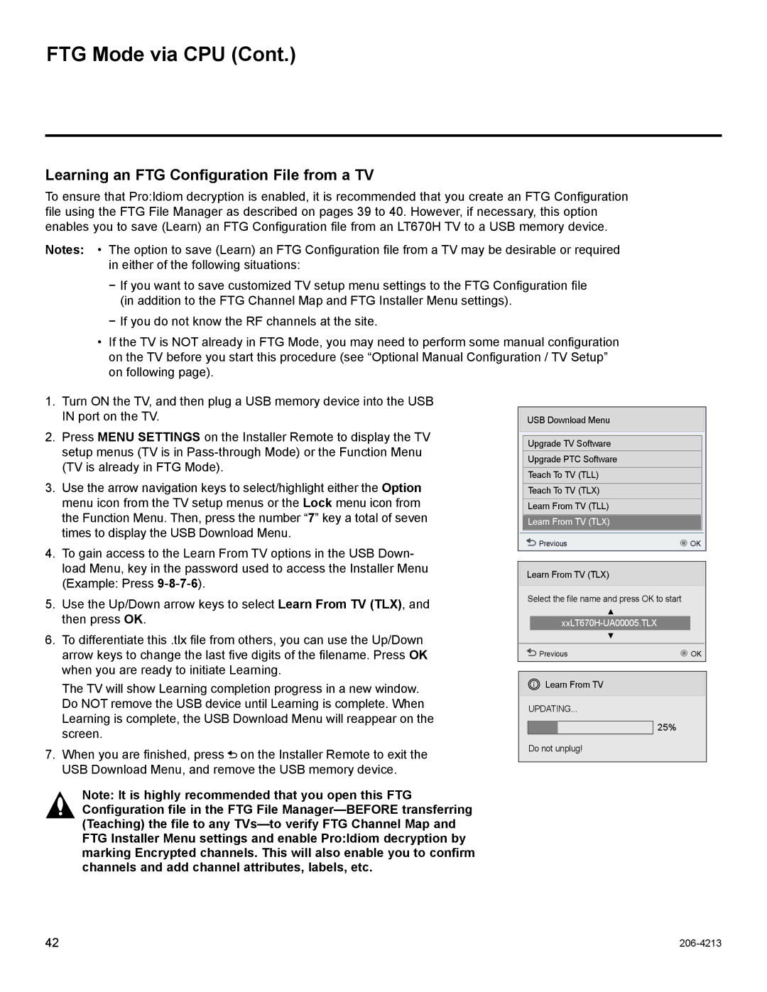 LG Electronics 32LT670H, 42LT670H, 37LT670H, 26LT670H setup guide Learning an FTG Configuration File from a TV 