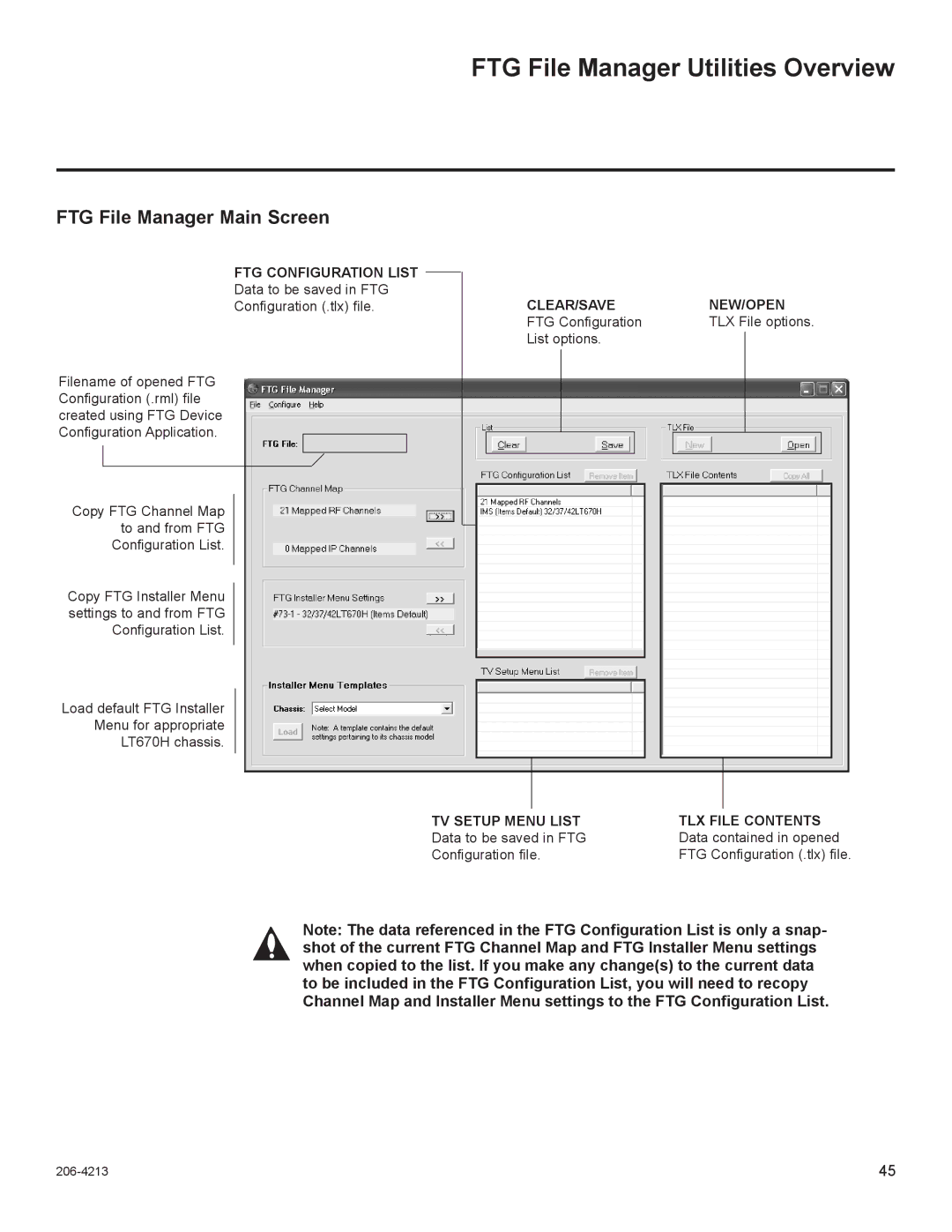 LG Electronics 37LT670H FTG File Manager Utilities Overview, FTG File Manager Main Screen, FTG Configuration List 