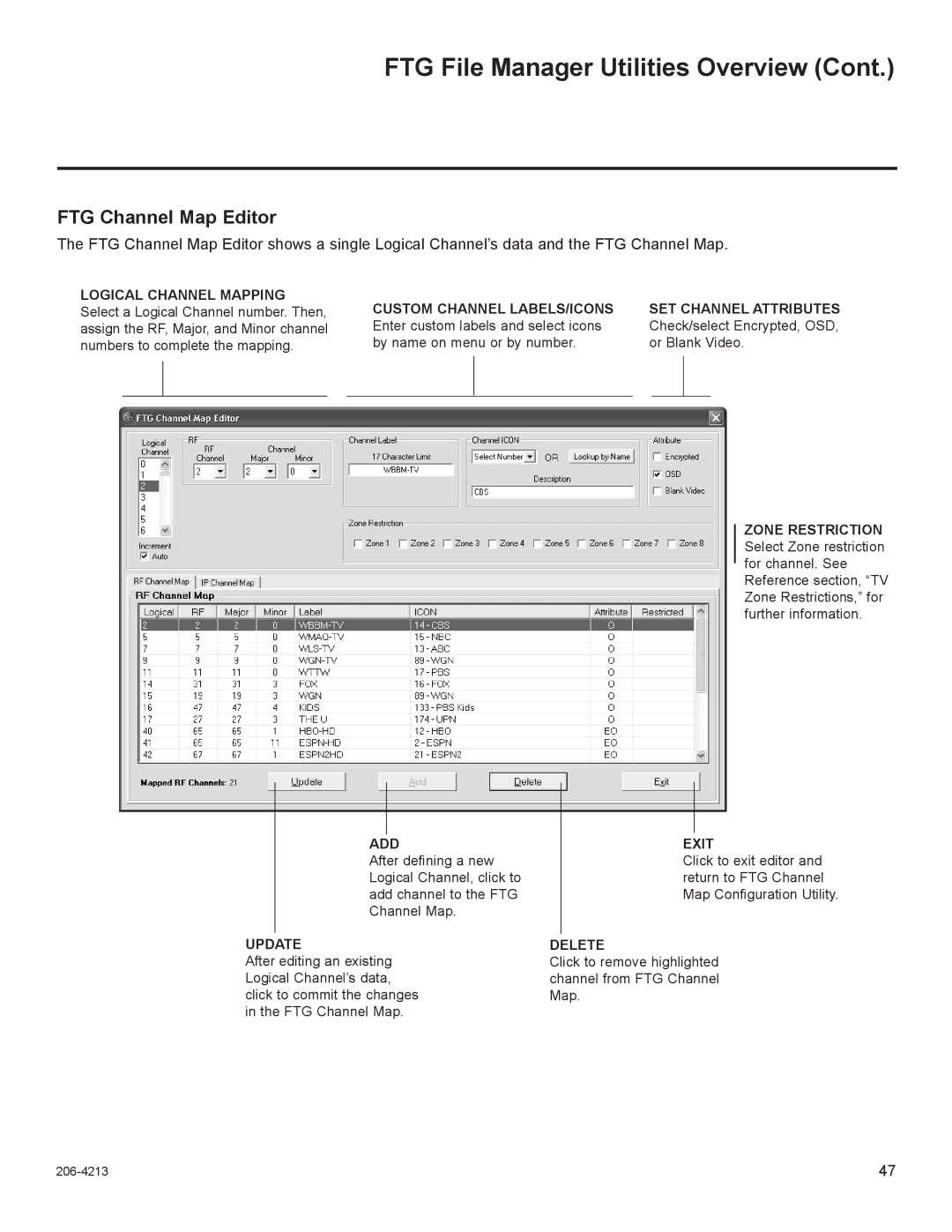 LG Electronics 26LT670H, 42LT670H, 37LT670H, 32LT670H setup guide FTG Channel Map Editor, Add, Update, Exit, Delete 