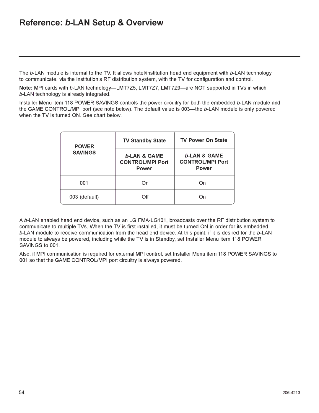 LG Electronics 32LT670H Reference b-LAN Setup & Overview, TV Standby State TV Power On State, LAN & Game CONTROL/MPI Port 