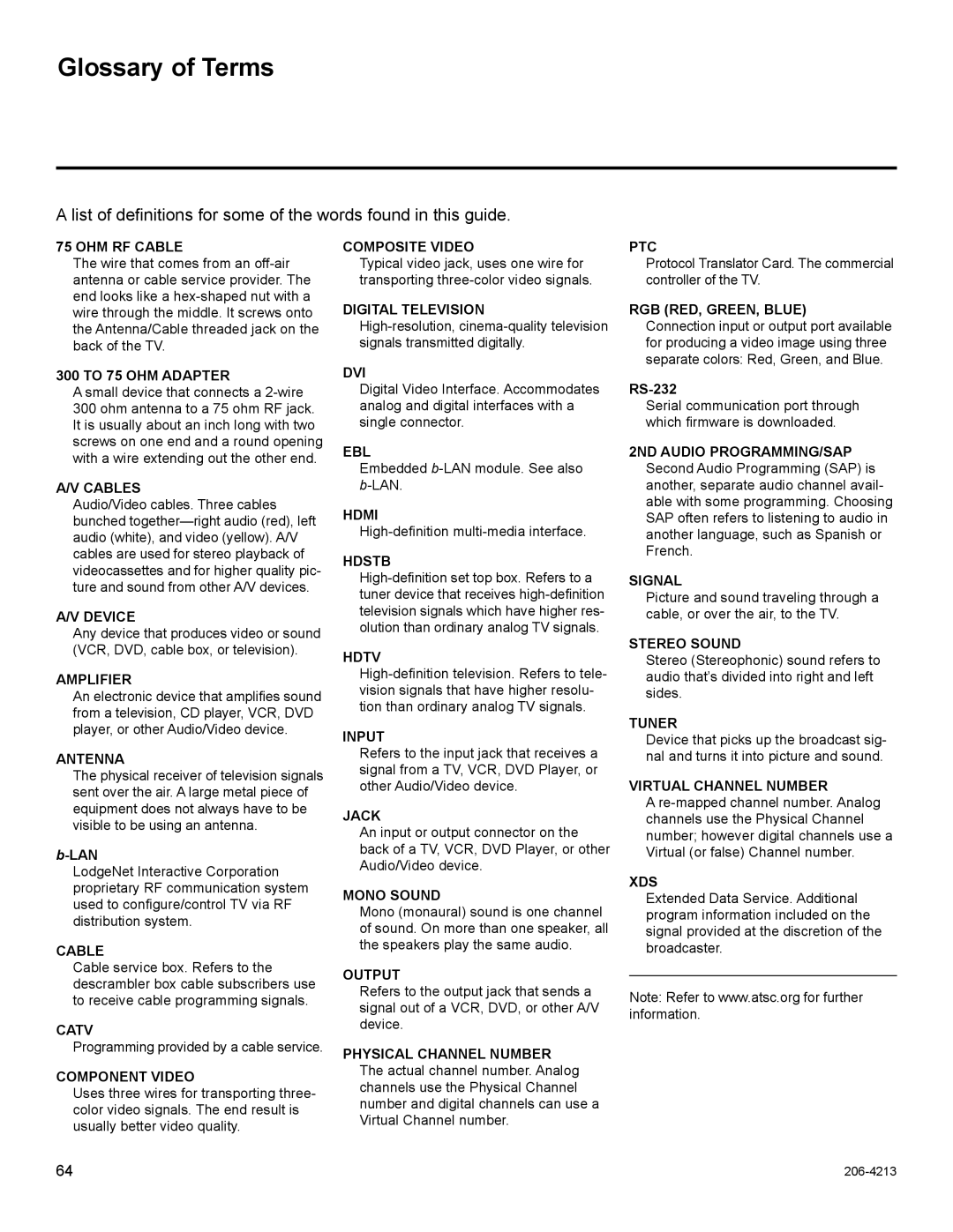 LG Electronics 42LT670H, 37LT670H, 32LT670H, 26LT670H setup guide Glossary of Terms 