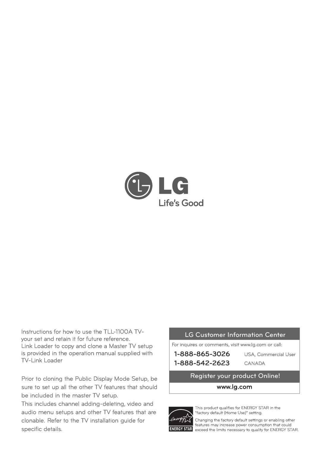 LG Electronics 42LT670H manual LG Customer Information Center, Register your product Online, USA, Commercial User, Canada 