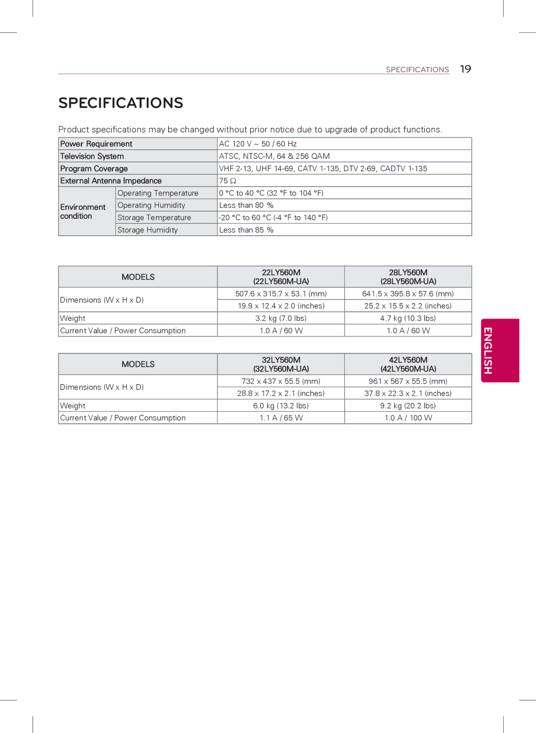 LG Electronics 22LY560M, 42LY560M, 28LY560M, 32LY560M owner manual Specifications, Models 